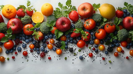 Assortment of fresh fruits and vegetables. Assorted fresh ripe fruits and vegetables. Food concept background. Top view. Copy space. - obrazy, fototapety, plakaty