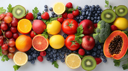 Assortment of fresh fruits and vegetables. Assorted fresh ripe fruits and vegetables. Food concept background. Top view. Copy space. - obrazy, fototapety, plakaty