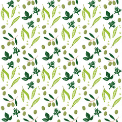 Cute green vegetable background isolated on white. Local farmer's market seamless pattern. Veggies concept design. Agriculture and organic food. Olives and peas hand drawn flat vector illustration