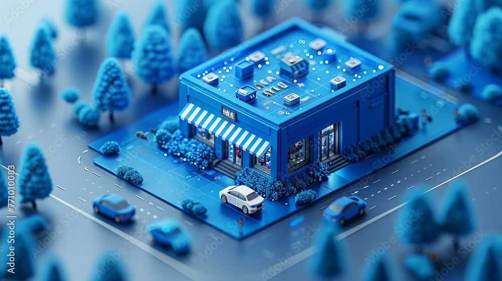 Aufkleber a smartphone in isometric view with awning and shopping icon. stages of online shopping on blue back