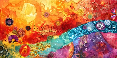 Australian Aboriginal dreamtime creation story depicted through vibrant artwork of a rainbow serpent and various elements of nature. Concept Australian Aboriginal Art, Dreamtime Stories - obrazy, fototapety, plakaty