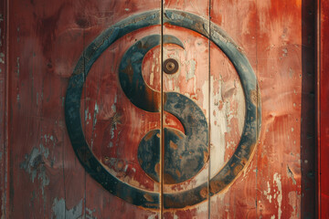 A wooden door with a circle and a letter S on it - obrazy, fototapety, plakaty