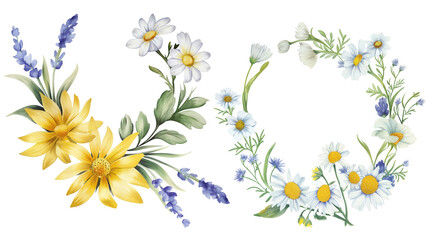  set of watercolor wild flowers and daisies in a floral wreath, yellow flowers with lavender clipart isolated on a white background, a digital art illustration in a pastel color