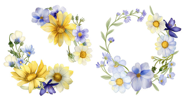
A digital art illustration showcasing a collection of wildflowers and daisies in a floral wreath, including yellow blooms accented with lavender hues, all set against a white background in soft paste