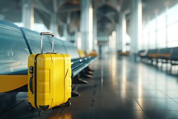 Yellow suitcase in airport terminal, Travel concept, 3D Rendering, Ai Generated