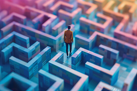 Man standing at the intersection in a colorful 3D maze