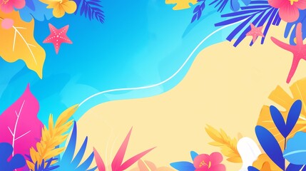 bright summer theme horizontal frame for social media, greeting card, blank space for text in the center, sales promotion banner with colorful flat design style 