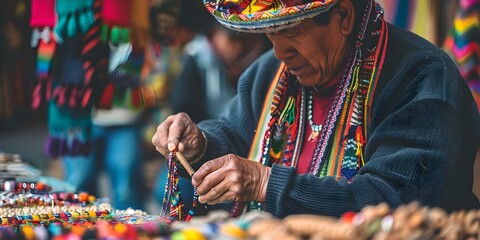 Crafting and Selling Bolivian Indigenous Art at La Paz Market: Celebrating Latin American Culture. Concept Bolivian Indigenous Art, La Paz Market, Latin American Culture, Crafting, Selling - obrazy, fototapety, plakaty