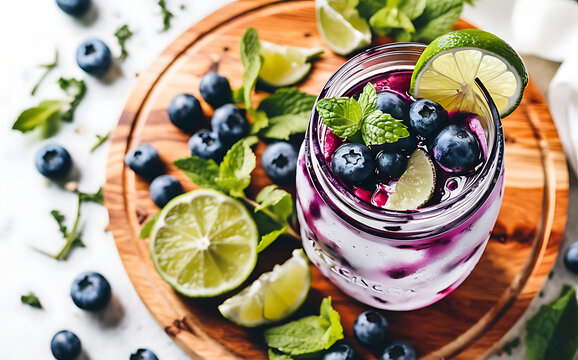 Blueberry detox water with lime and mint in mason jar on wooden background