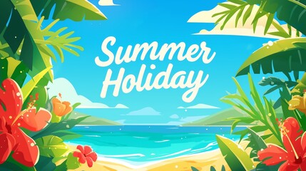 Fototapeta na wymiar Summer Holiday, bright summer theme horizontal frame for social media, greeting card, sales promotion banner with colorful flat design style 