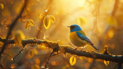 Obraz premium Small Blue Bird Perched on Moss-Covered Branch Surrounded by Natural Background and Forest Water Generative AI