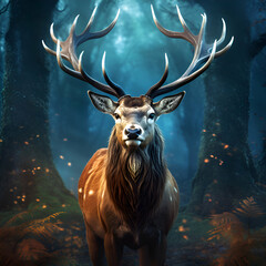 Furious deer with big antlers on fire background.