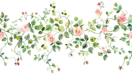  watercolor floral vines, pink and green flowers hanging down from the top of an isolated white background, pastel colors