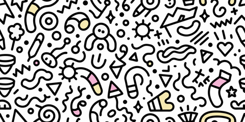 Fun black line doodle seamless pattern. Creative minimalist style art background for children or trendy design with basic shapes. Simple childish scribble backdrop - obrazy, fototapety, plakaty