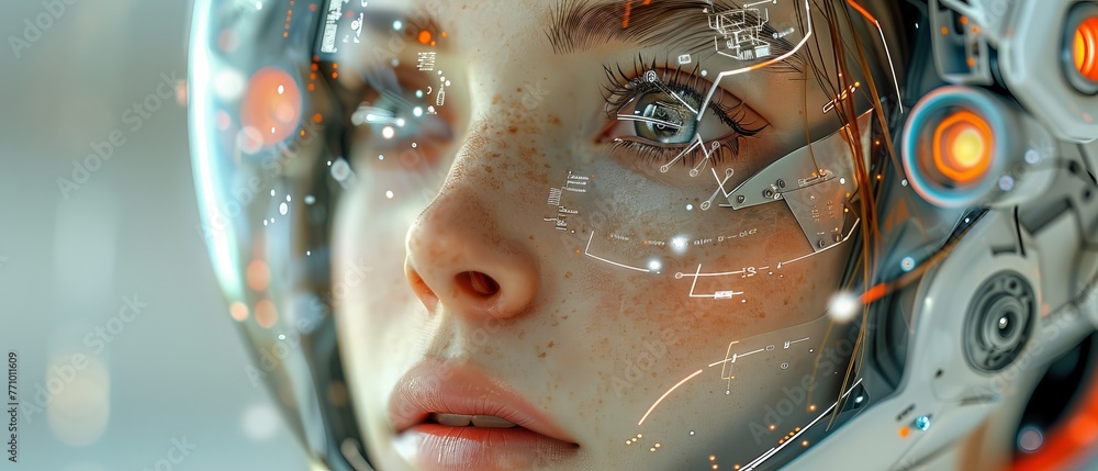 Poster Women robot with artificial intelligence flying in cyberspace world of metaverse. Digital abstract conceptual banner with artificial intelligence. Retro futuristic.