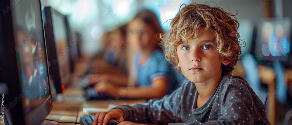 Fototapete The training of children in creating computer games. Tech education of children. Children's learning of programming, coding, artificial intelligence, robototechnics. Online science course banner.