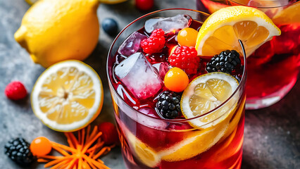 Fresh summer sangria cocktail with lemon and berries cold drink with orange spices and ice - obrazy, fototapety, plakaty