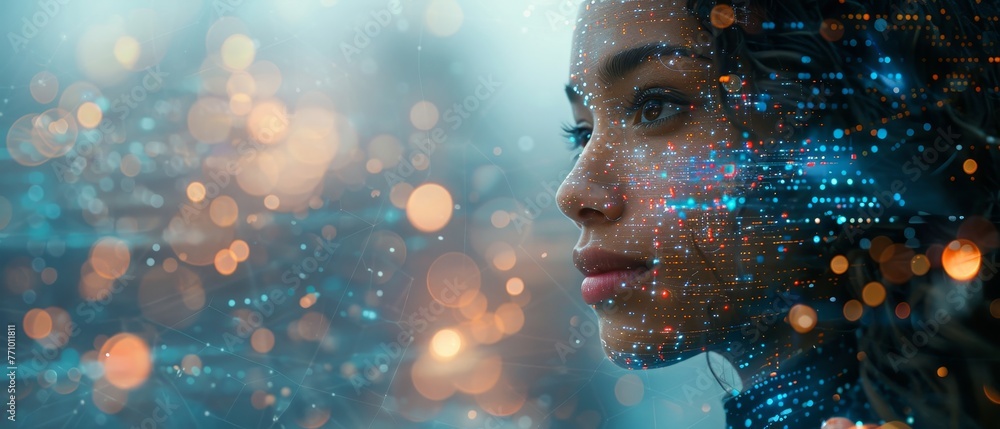 Poster AI robot woman with artificial intelligence analysis flow big data. Cyborg woman contemplates stream of data in image waterfall of lights particles. Machine learning concept. Neural network training.