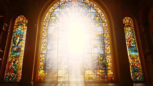 The stained glass on the wall of the church with the reflection of the sun getting in. Multicolored stained glass window with sunlight. Historic building 4k video Beauty