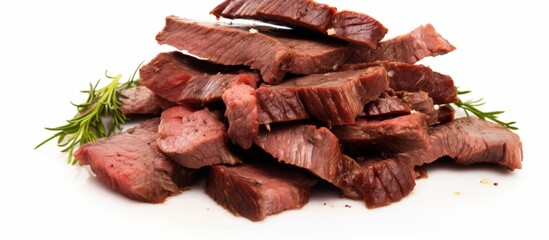 A pile of sliced ostrich meat garnished with a sprig of rosemary, presented on a white background. This exotic animal product is perfect for a gourmet dish