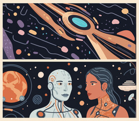 Exploring the Future. Flat Vector Illustration Design Depicting AI Robots and Advanced Technology.