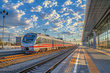 Naklejka premium Scene of Aeroexpress train gliding into Moscow Skolkovo station under tranquil blue sky with clouds.