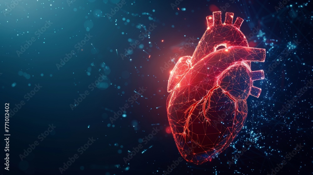 Leinwandbilder an abstract blue geometric background with a wireframe light connection structure shows a heart with