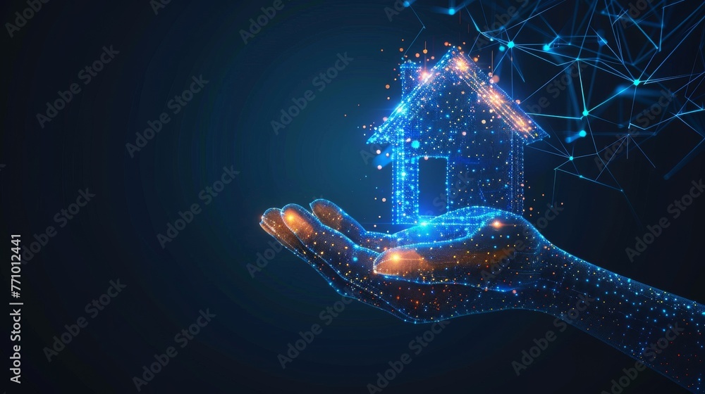 Aufkleber An open hand holds a country house icon. A low poly style design with an abstract geometric background. A wireframe light connection structure. A modern 3D graphic concept. Isolated