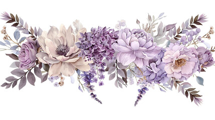 Set of watercolor purple and pastel flowers roses orchid hydrangea  digital illustration clipart on white background