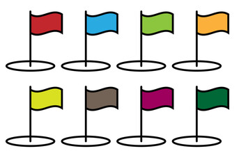 Hoja de iconos de banderas de varios colores en fondo blanco.