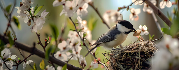 Obraz premium A little bird in its nest on the branch of a flowering tree. Return of spring. 