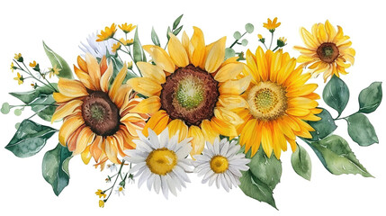Watercolor sunflowers and daisies floral arrangement clipart on white background