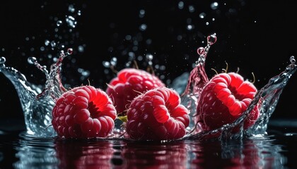 Fresh raspberries cascading into water, creating dynamic splashes against a sleek black backdrop, a...