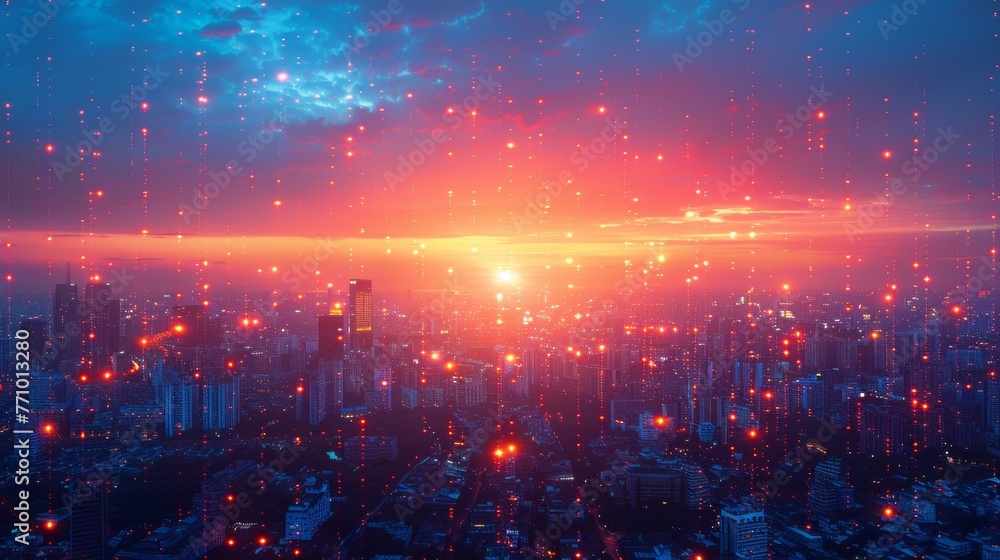 Poster Concept of a modern city and communication network. IoT (Internet of Things). Smart city. Digital transformation. Large image for banner advertisements.