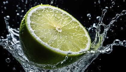 Fresh lime plunging into water, creating dynamic splashes against a sleek black backdrop, a zesty burst of citrus delight