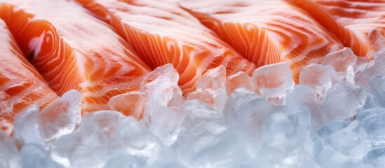 A close up of glistening salmon slices laid out on a bed of ice, resembling petals in an electric blue landscape, with a featherlike pattern