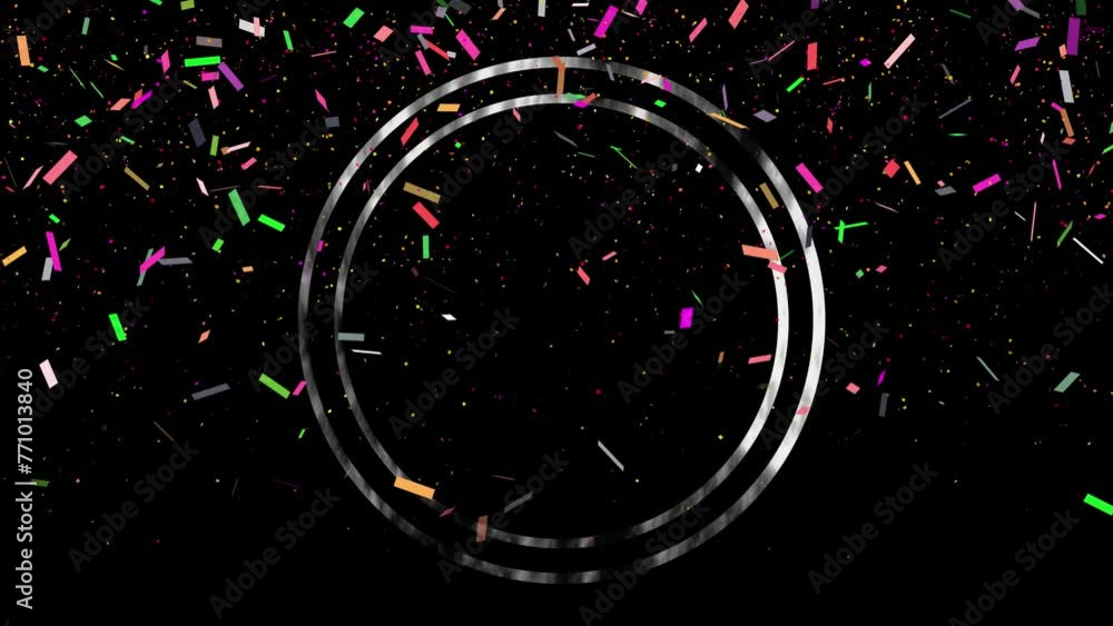 Poster celebration birthday party circle frame with confetti background. abstract animation of slowly falli