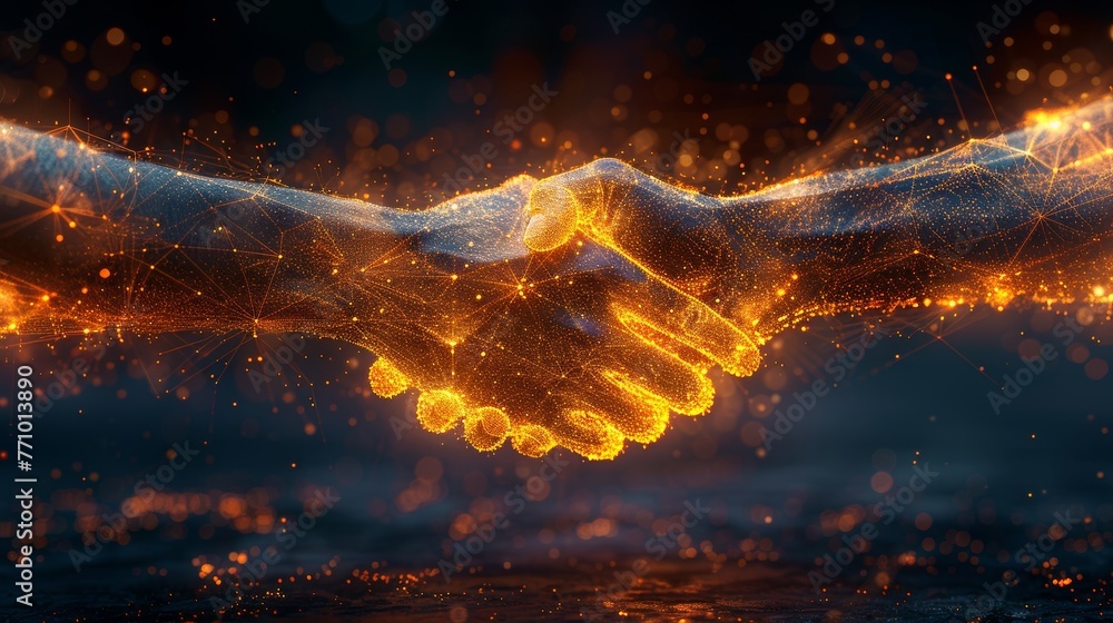 Poster Handshake. Abstract illustration of two hands shaking hands in the shape of flaming steel. Illustration isolated on dark background. Low poly wireframe. Particles are connected in a geometric