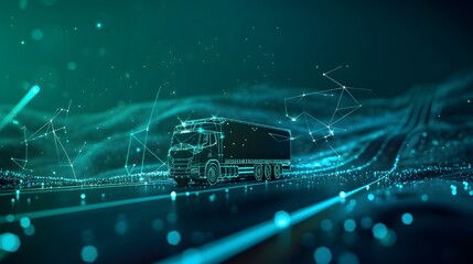 3D rendering of a truck driving on a road with a binary code. Generative AI