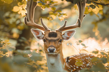 A deer with antlers is standing in a forest