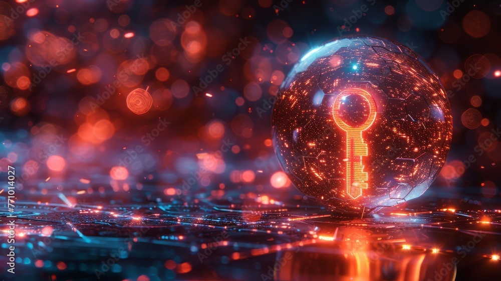 Poster this is a modern illustration of a digital key underneath a protective dome. this could be used to s