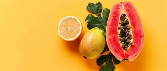 Fresh organic papaya exotic fruit close up on orange, yellow background. Vertical image. Top view.
