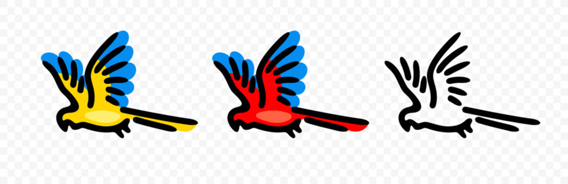 Ara parrot, macaw parrot or parrot macaw in flight, graphic design. Bird, animal, popinjay, poll-parrot or parakeet, vector design and illustration