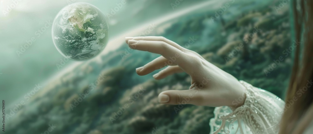 Poster an image of a woman touching the metaverse universe, a conceptual image of the future of technology 