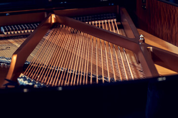 Parts of a grand piano, strings, keyboard, bridge, strut, sound board, harp
