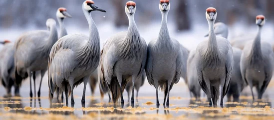 Selbstklebende Fototapeten A flock of sandhill cranes with long beaks and elegant feathers standing together in the water, showcasing their beauty as water birds © AkuAku
