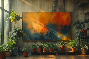 An inviting space adorned with a colorful painting and green plants, exuding warmth and tranquility.