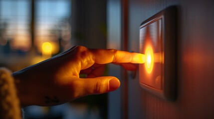 A close-up shows a female finger turning off a lighting switch at home, emphasizing power, energy, and electrical saving, with ample copy space.