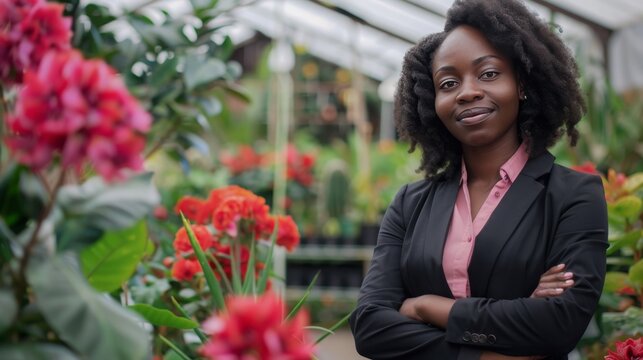 smiling black business woman, garden center, people photography, 16:9