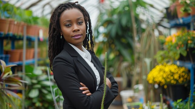 smiling black business woman, garden center, people photography, 16:9